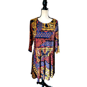 Cato Blue Gold Red Patchwork Print Stretch Knit Swing Dress 3/4 Sleeve L